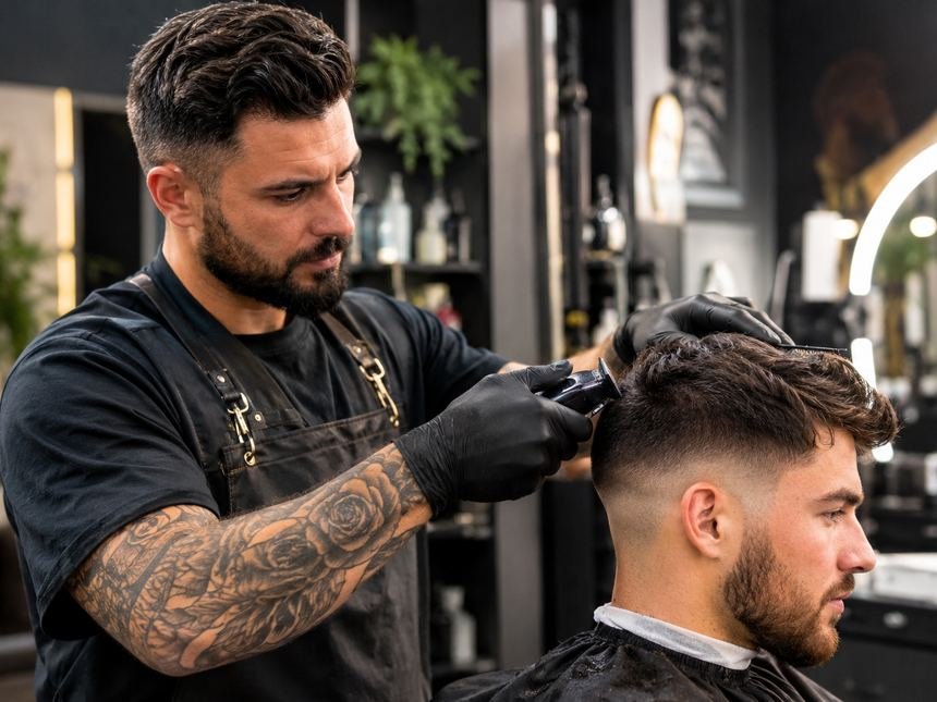 A barber mid-fade on a client, both hands occupied