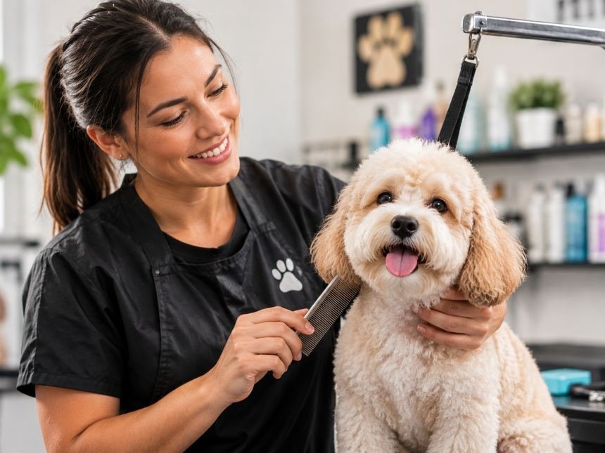 A dog groomer combing a cavoodle on the grooming table