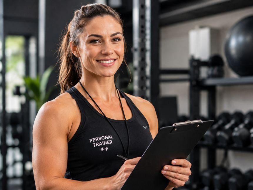 A personal trainer with a clipboard on the gym floor
